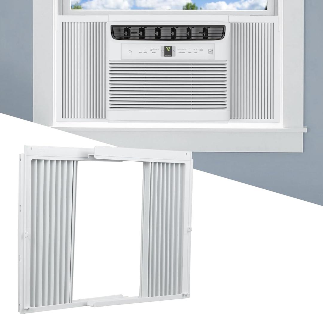 Window AC Side Panels with Frame Set, Air Conditioner Accordion Filler Curtain Replacement for Window AC Units, Fits Most 8,000 BTU Units,White,2 Pack