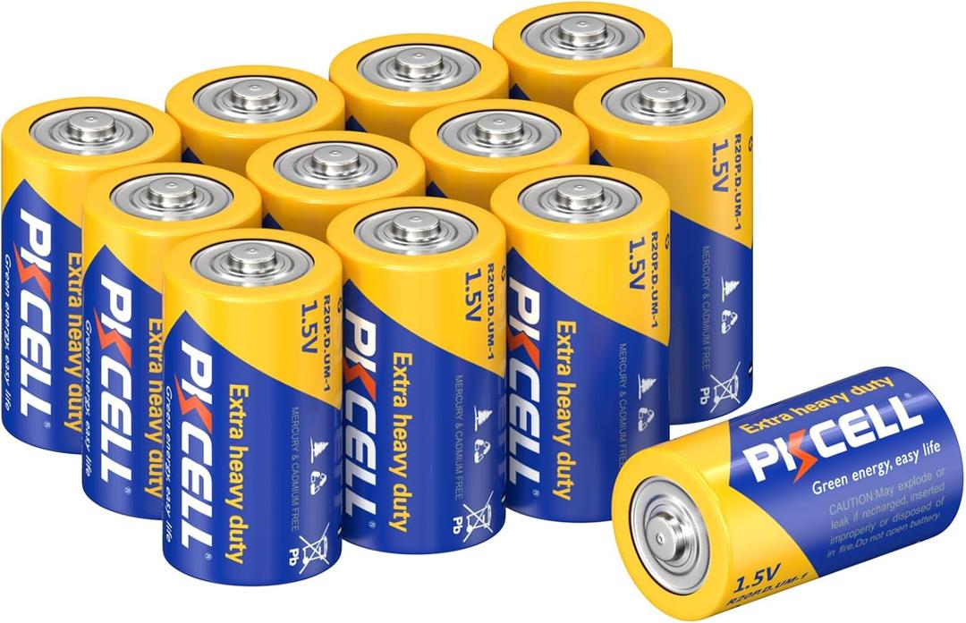 PKCELL 12 Pack D Batteries, R20P 1.5V D Size Non-Rechargeable Batteries, Long-Lasting Power Super Heavy Duty Battery for Flashlights, Remotes, Clocks, Game Controllers, Shavers