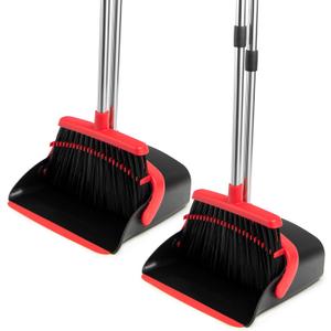 Broom and Dustpan Set with Long Handle, Heavy Dust Broom and Dustpan Combo for Home，Kitchen, Office, Pet Hair 2PCS (Black Red)