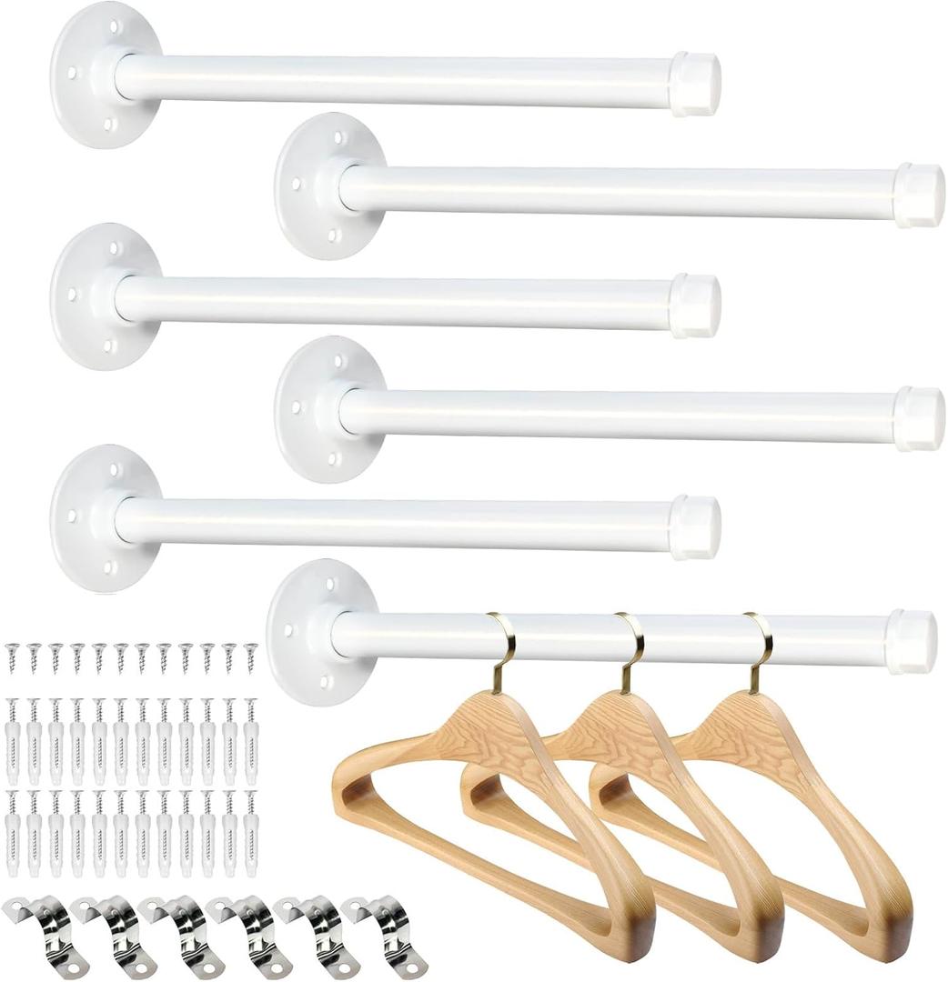 6 PCS Industrial Pipe Clothes Bar 12 Inch - Pipe Clothing Rack Wall Mount - Face Out Closet Rods for Hanging Clothes Commercial Retail Boutique Laundry Shirt Display - White