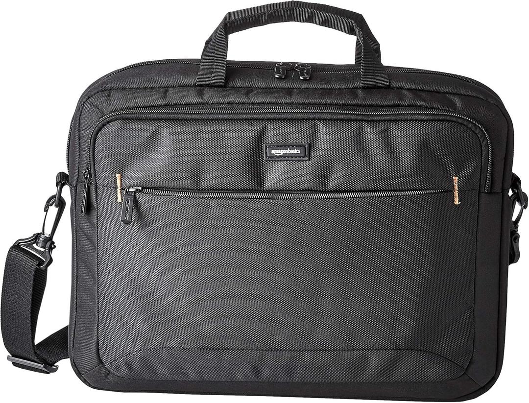 Amazon Basics Laptop Carrying Case with Shoulder Strap, 15.6-inch, Black, Large Capacity Office Work Bag, 10-Pack