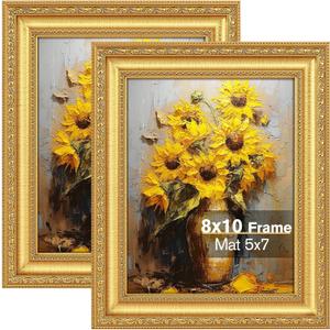 Splinterix 8x10 Gold Picture Frame Set of 2, Ornate Vintage 8 x 10 Photo Frame for Wall Decor or Tabletop Display, 8x10 Gold Frames with Real Glass, Display 5x7 Pictures with Mat or 8x 10 without Mat for Antique Dco