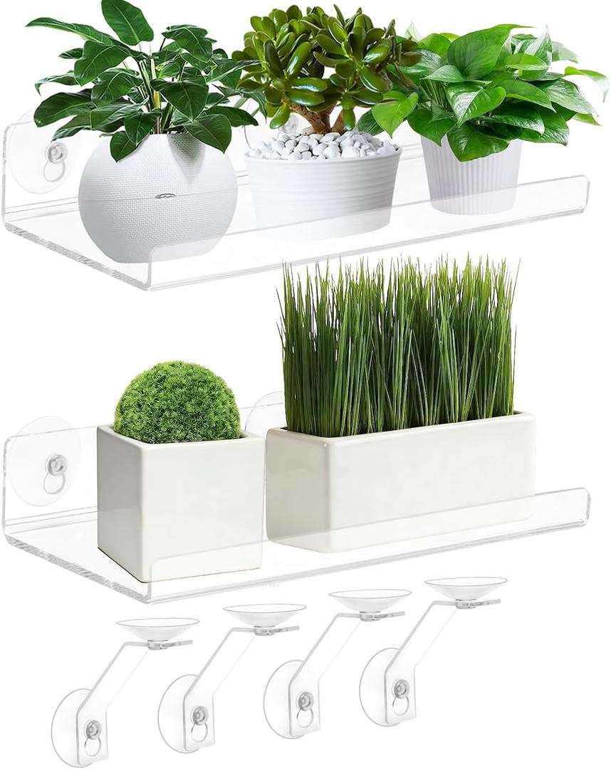 2 Pack 12 Inch Acrylic Window Boxes Plant Shelves, 6 Inch Extra-Wide Windowsill Extender – Features Suction Cups and Support Brackets for Succulents, Herbs, Seed Starting | Indoor/Outdoor Use, 12IN-2PC