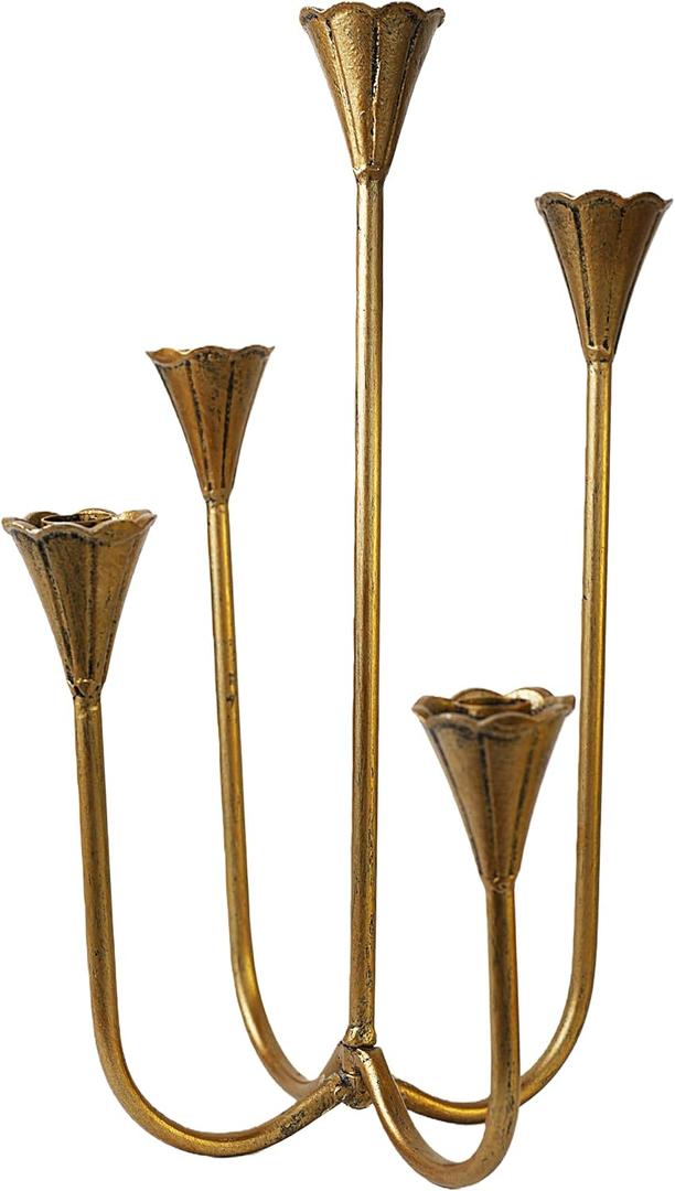 Candle Holder Vintage Candlestick Holder Stand for Stick Taper Candle, 5-Arm Cast Iron Candelabra for Wedding Centerpiece Table Decorations Fireplace Mantel Decor, Antique Brass