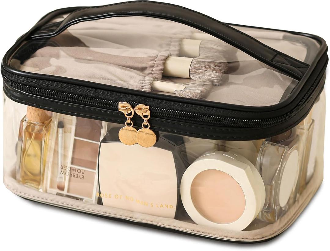 Large Clear Makeup Bag Big Cosmetic Bags Waterproof Toiletry Orangizer with Handle Transparent Toiletries Case Travel Pouch for Women Girls Daily Beauty Purse Essentials Skincare Make up Bag Black