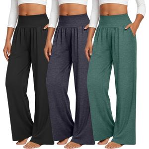 Neer 3 Pack Women's Wide Leg Yoga Pants Comfy Lounge Pants with Pockets Baggy Elastic Waist Joggers Ladies Open Bottom (XXL)