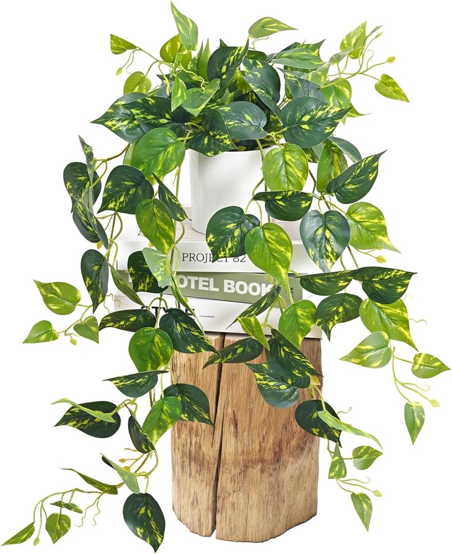 Waipfaru Fake Plants Artificial Plants Indoor, 1Pcs 34" Realistic Artificial Hanging Fake Pothos Vines Ivy Potted, Faux Pothos for Living Room Office Bedroom Bathroom Kitchen Shelves Indoor Home Decor