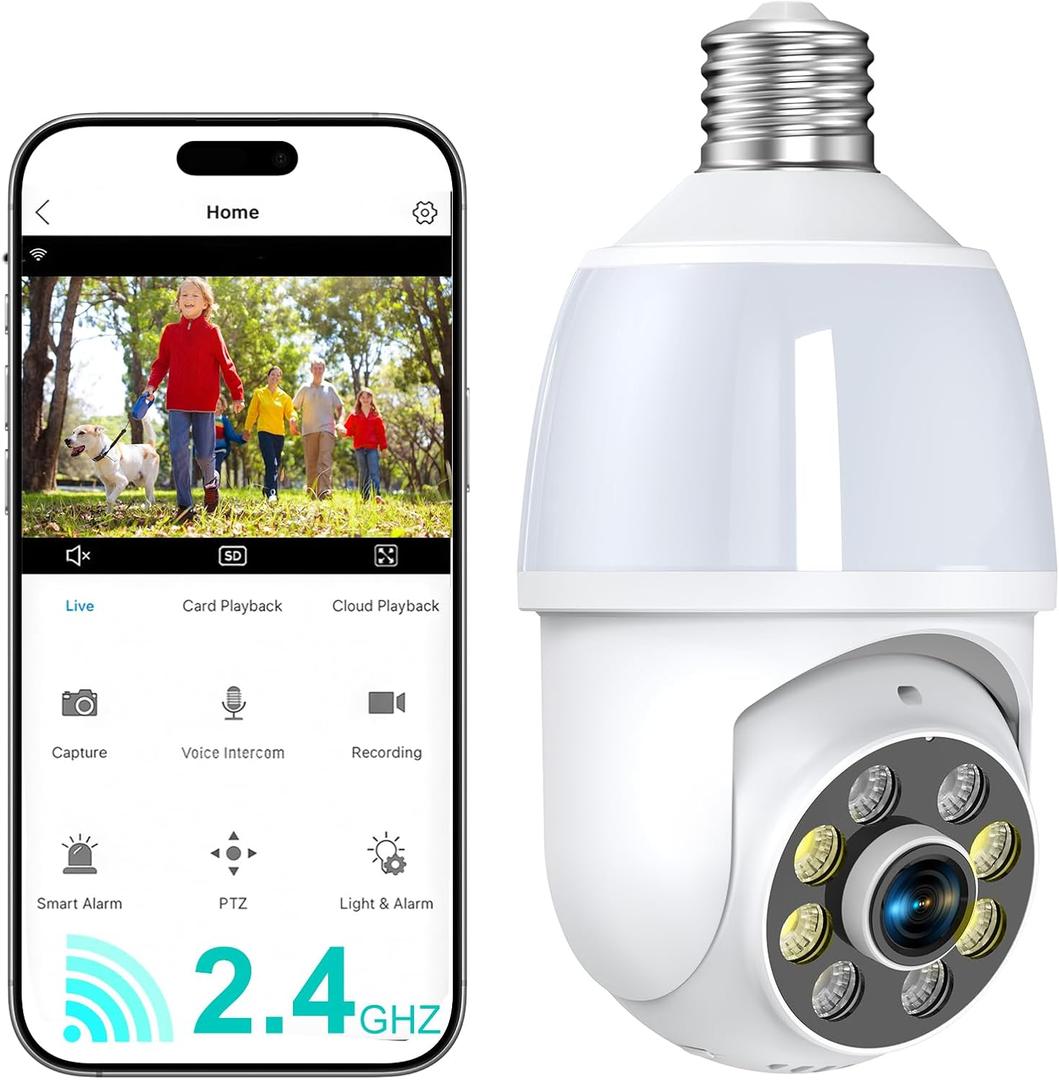 52HZ 2K Light Bulb Security Camera, 2.4GHZ WiFi Lightbulb Security Cameras Wireless Outdoor Indoor, Two-Way Talk, Human Detection, Color Night Vision, Light Socket Security Camera Work with Alexa