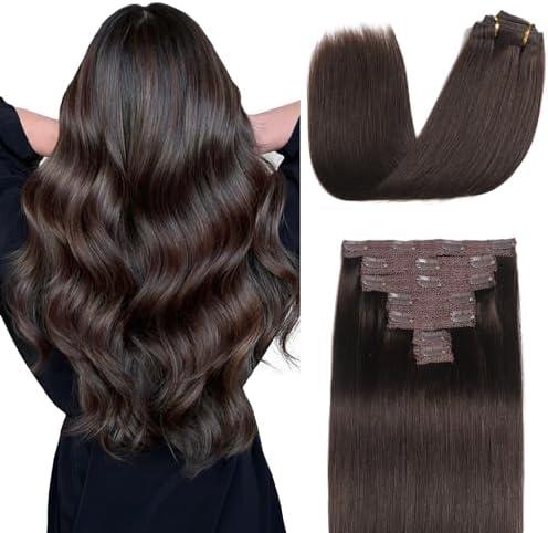 Sisily Clip in Hair Extensions Real Human Hair, 22 Inch Premium Human Hair Clip in Extensions Dark Brown, Soft Straight Hair Extensions Real Human Hair Clip ins 7PCS Double Weft（22 Inch #2）