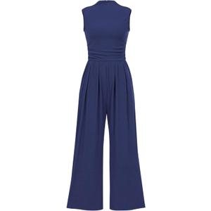 Tanou One Piece Jumpsuits for Women Dressy Casual Outfits Sleeveless Mock Neck Wide Leg Jumpsuits With Pockets (X-Large, Navy Blue)