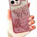 for iPhone 13 Pro, Cute 3D Butterfly Glitter Case 6.1"  Plated Slim Protective Cover with Camera Protection, Drop-Resistant Bumper for Women and Girls (Pink)