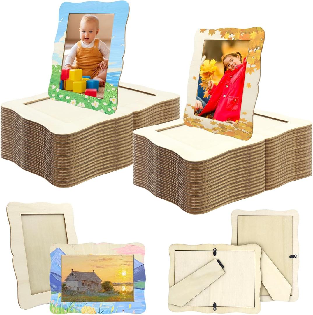 24 Pack DIY Wooden Picture Frames for 4 x 6 in Photos, Wooden Picture Frames for Crafts Unfinished Solid Wood Photo Picture Frame for Crafts, Valentine's Day Gift Father's Day, Mother's Day Decorate(Wave Shape)