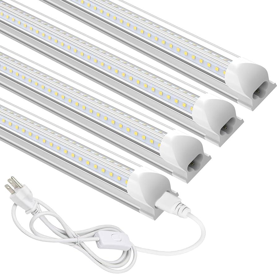 Reisener 4 Pack 4FT LED Shop Light, 36W 4500 Lumens Super Bright, 5000K Daylight, V-Shape Integrated T8 LED Tube Light, Linkable (Up to 6) Plug and Play Utility Garage Lights for Workshop Workbench