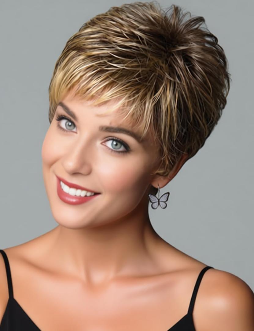 TISHINING Brown Highlight Short Pixie Cut Wigs for Women Layered Brown Mix Blonde Wig with Bangs Synthetic Natural Looking Daily Party Wig