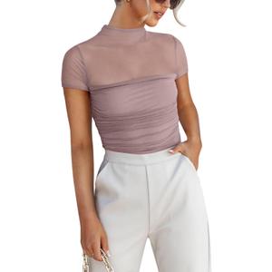 REORIA Women's Sexy Mock Turtle Neck Short Sleeve Shirts Sheer Mesh Ruched Trendy Going Out Bodysuits Tops (Medium, Pantone)