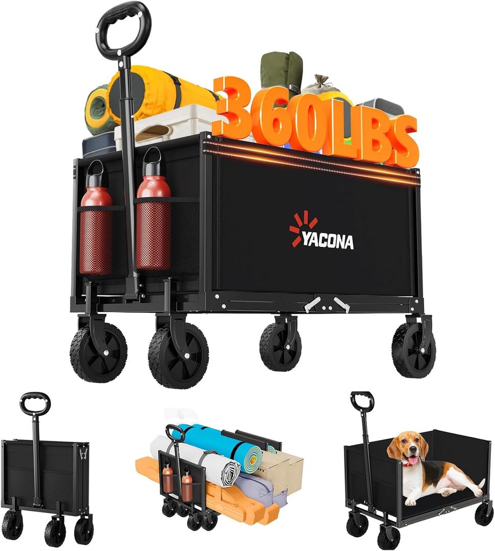 YACONA 3 in 1 Wagons Carts Foldable, 360LBS Lightweight Wagon with All Terrain Wheels, Collapsible Wagon Cart for Grocery, Camping, Beach, Garden & Sports (Black)