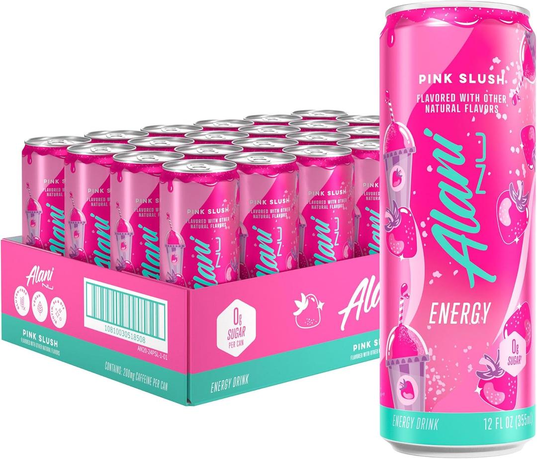 Alani Nu PINK SLUSH, Sugar Free, Low Calorie Energy Drinks, 200mg Caffeine, Biotin, B Vitamins, Zero Sugar, 5 Calories, 12 Fl Oz Cans, 24 Pack (EXP 11/30/27)
