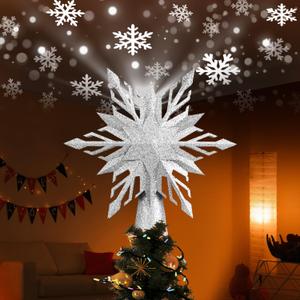 Christmas Star Tree Topper Lighted with Led Snowflake Projection, Christmas Tree Topper Star with Built-in LED Rotating 3D Projector Lights, Christmas Decoration for Family Office Indoor (Silver)