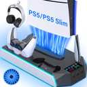 PS5/PS5 Slim Cooling Station with Controller Charging Station for PlayStation 5 Console Disc/Digital, PS 5 Cooling Stand Accessories with LED Light/Charger/Cooler Fan/3 USB Hubs/Headset Holder/Screw