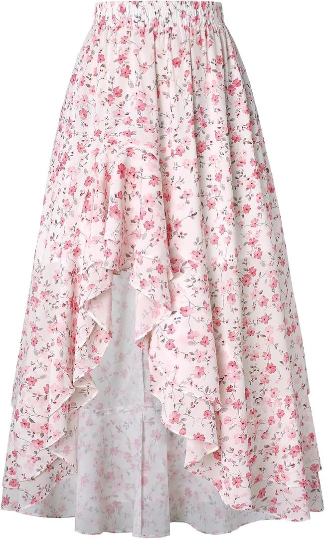 Scarlet Darkness Women's Floral Maxi Skirts High Waist Summer Boho Flowy Ruffle Long Skirt with Pockets, Larg