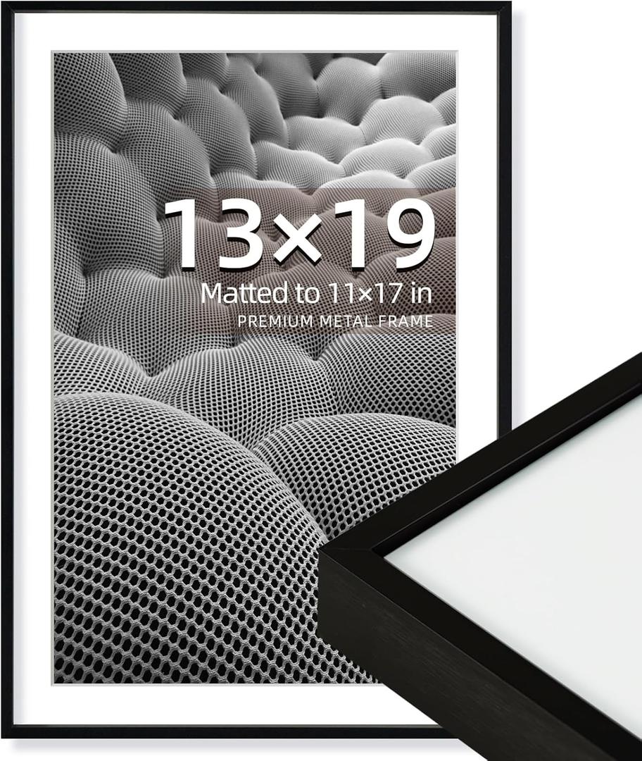 OUZUGIE 13X19 Picture Frame,Display Poster 11X17 With Mat or 13X19 Without Mat,Black Aluminum Poster Frames with Premium Acrylic,Photo Frames with Strong Corner Design for Gallery Wall and Tabletop