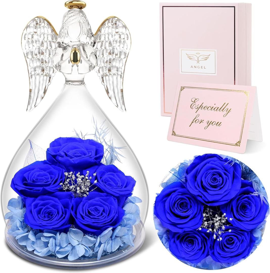 Sunia Glass Angel Figurine with 5 Forever Real Preserved Roses for Mom, Grandma, Women | Handcrafted Eternal Flower Keepsake, Home Decor, Birthday Christmas Angel Statue, Blue 
