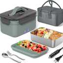 Electric Lunch Box Food Heater 100W, 4 in 1 Ultra Quick Heated Lunch Boxes for Adults 12V/24V/110V/220V Portable Food Warmer for Car/Truck/Office With Fork Spoon and Insulated Carry Bag (Olive Green)