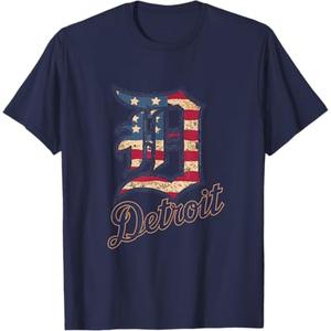 Nate Willis Detroit American Flag Old English D T-Shirt - Men's Black Small Modern Classic Letter Print Short Sleeve T-Shirt, Navy Blue, XL