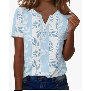 Women's Fashion Summer Button V-Neck Bohemia Floral Printed T-Shirt Spring Short Sleeve Loose Basic Top M size