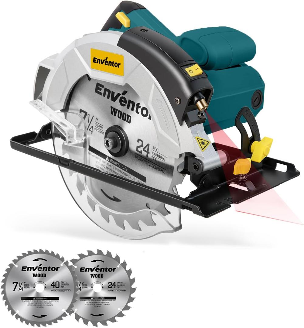 Enventor 7-1/4-Inch Circular Saw, 10A Pure Copper Motor Electric Circular Saws with Laser Guide, 2 Blade Saws (40T/24T), Adjust Cutting Angle from 0 to 90, Single Handed Bevel, 5800RPM, Blue
