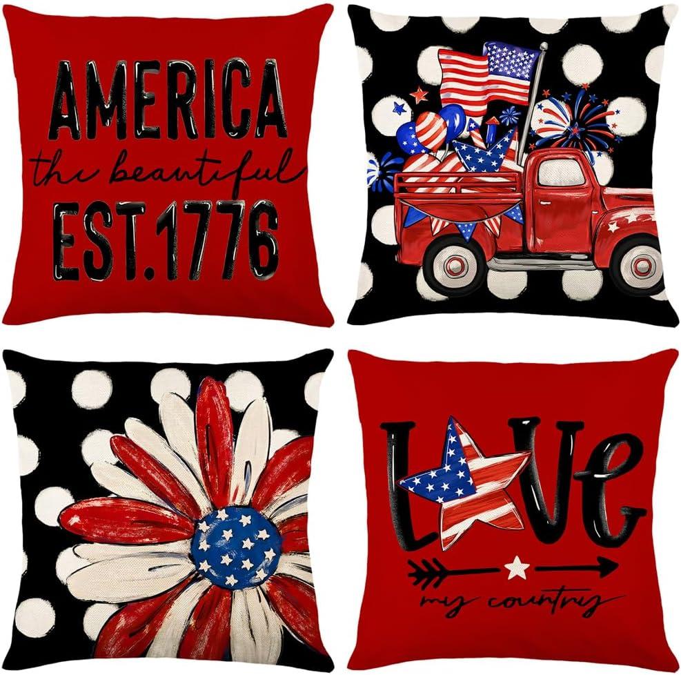 4th of July Pillow Covers 16x16 Set of 4 Patriotic American Star Flower Truck Outdoor Decorative Pillow Covers Fourth of July Cushion Case Independence Memorial Day Home Sofa Porch Decoration