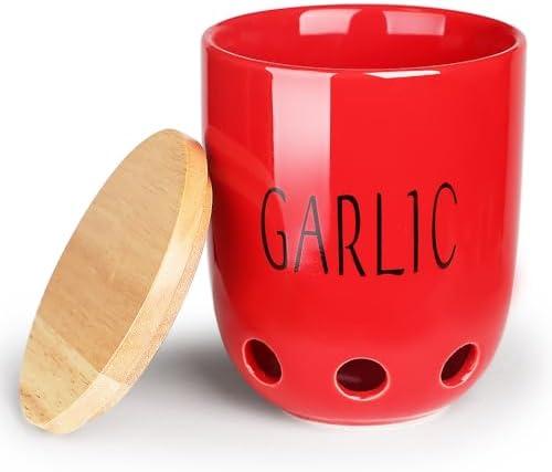 HAOTOP Ceramic Garlic Keeper for Counter, Garlic Saver Container with Wood Lid, Garlic Keeper for Kitchen, Garlic Holder to Keep Your Garlic Cloves Fresh Longer (Red)