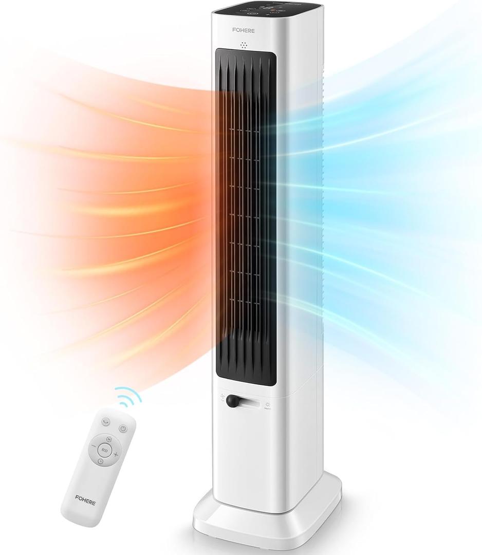 FOHERE Oscillating Tower Fan and Space Heater in One for Indoor Use, All Season High-Velocity Fan and Heater Combo Safety with Overheat Protection, Timer, Installation Free, 1500W, 37.9 Inches, White