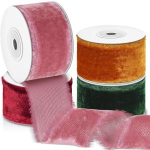 Preboun 4 Rolls Christmas Velvet Ribbon Total 24 yd Christmas Decorations Gift Wrapping Fringe Ribbon Raw Edge Frayed DIY Party Decor(1.5 Inch,Novel Color)