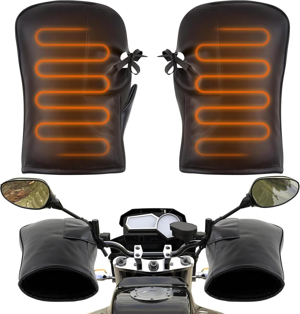 Hanaive 1 Pair Heated Motorcycle Handlebar Gloves ATV Windproof Handlebar Muffs Winter Thermal Muffs Waterproof Bike Mittens Electric Scooter Grip with Reflective Strip for Cold Riding Cycling, Black