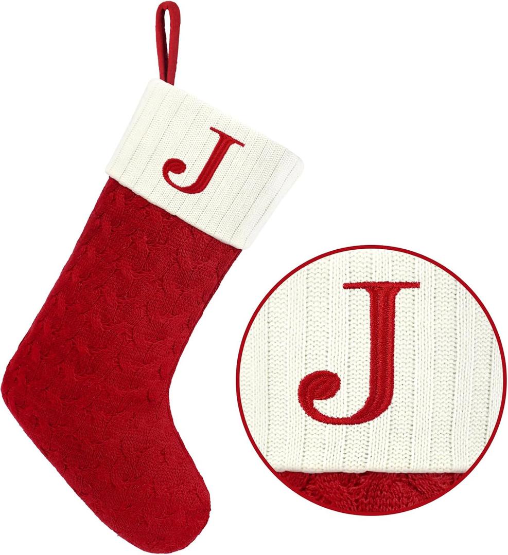 Christmas Stockings with Initials,20 Inches Large Knit Embroidered Letter Red White Christmas Stocking,Monogram Christmas Stocking for Famliy Holiday and Xmas Tree Fireplace (Letter J)