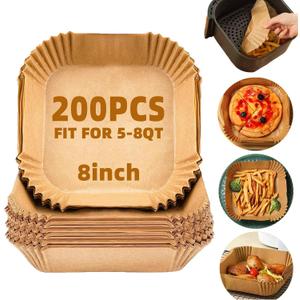 Air Fryer Liners Disposable,200Pcs Parchment Paper,LYHOLKEER 8IN Disposable Air Fryer Paper Liners for 5-8QT Air Fryer, Non-Stick, Square Liners Free of Bleach