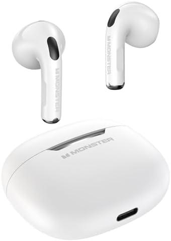 Monster N-Lite 208 Wireless Earbuds, Bluetooth Headphones Touch Control, Bluetooth Headphone with 30H Playtime, Wireless Headphones Type-C Charging, Clear Call for Running, Workout White