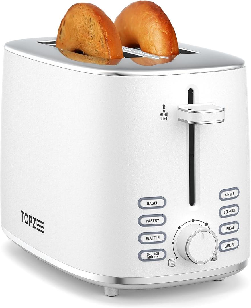 Topzee Toaster 2 Slice, Wide Slot for Toasting Bagel Muffin Waffle Gluten Free Breads, 7 Shade Settings, Defrost & Reheat, Stainless Steel, Easy Clean, White