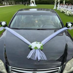Wedding Car Decorations Set White Artificial Flower with Long Satin Ribbons  Elegant Vehicle Cars Accessories for Just Married, Bridal Shower, Wedding Ceremony