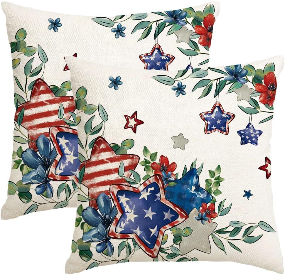 4th of July Patriotic Throw Pillow Covers 20x20 Inch Set of 2, American Flowers Stars Stripes Independence Day Decoration for Sofa Couch Home Indoor Outdoor Use Memorial Day