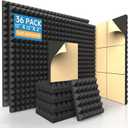 36 Pack Self-Adhesive Acoustic Foam Panels, 12 x 12 x 2 Inches High Density Pyramid Sound Proof Foam Panels for Walls, Fire Resistant Soundproof Wall Panels for Home Office & Studio (Black)