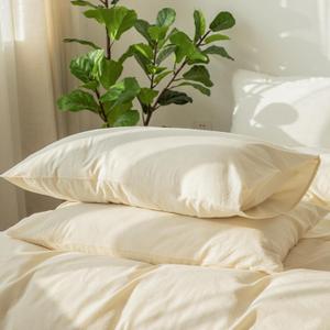 MooMee Bedding Pillowcases Pack of 2 100% Washed Cotton Linen Like Textured Breathable Durable Soft Comfy (Solid Cream White, Queen)