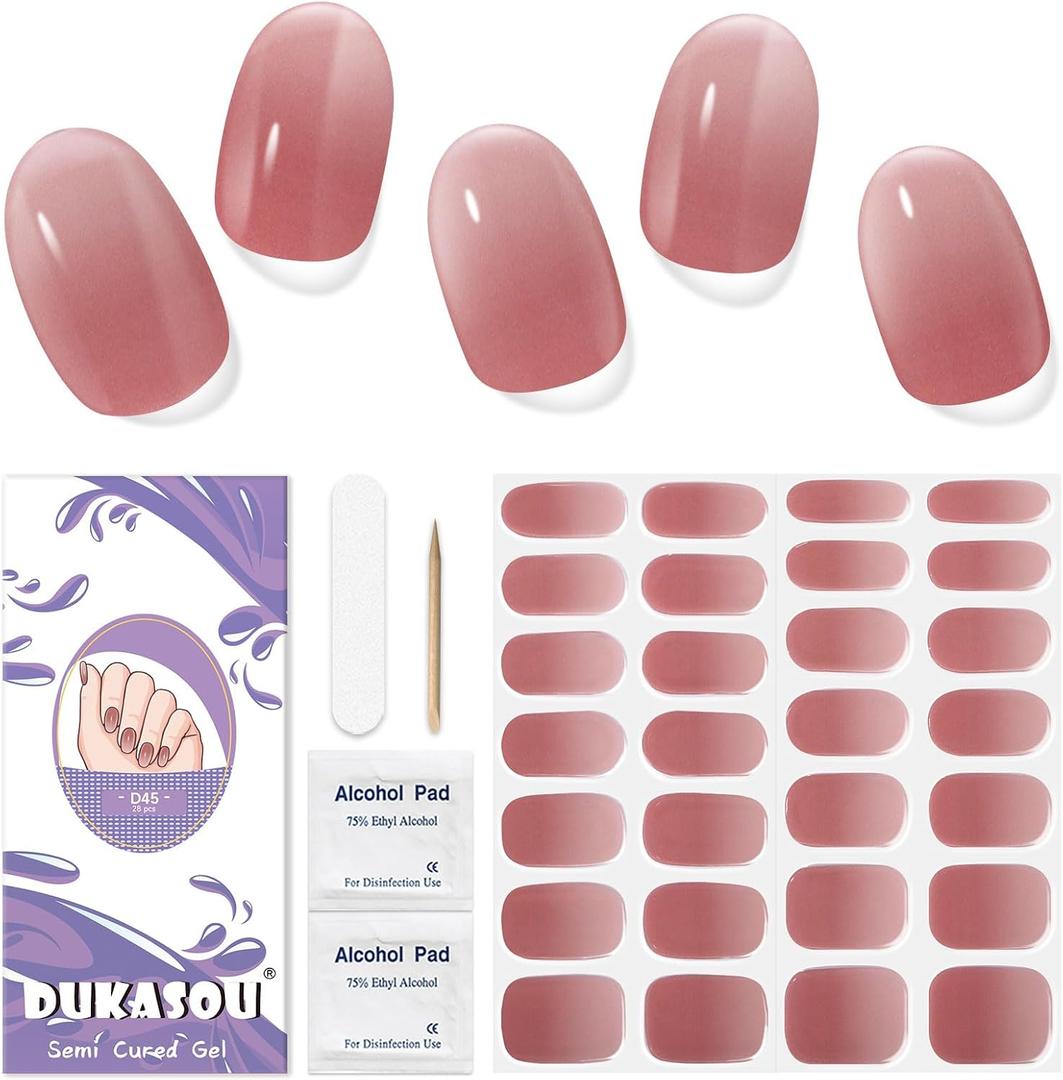 Semi Cured Gel Nail Strips, 28 pcs Gel Nail Stickers, Work with Any UV Lights, Long-Lasting Nail Wraps, Stick on Nails for Women Easy to Apply & Remove