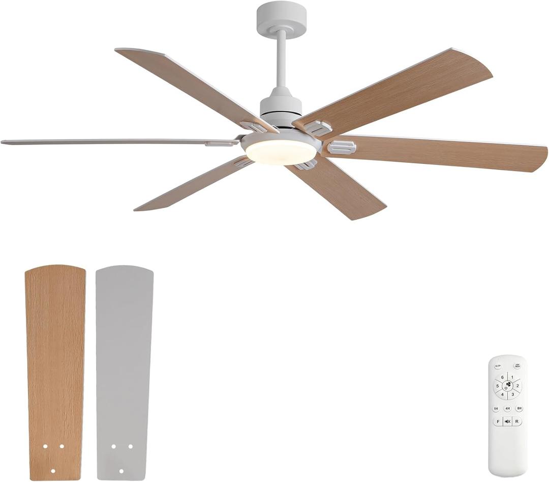 BOOMJOY 60 Inch Ceiling Fans with Lights and Remote, Outdoor/Indoor Ceiling Fan with Quiet Reversible DC Motor, 6 Blades White Ceiling Fan for Living Room Patio