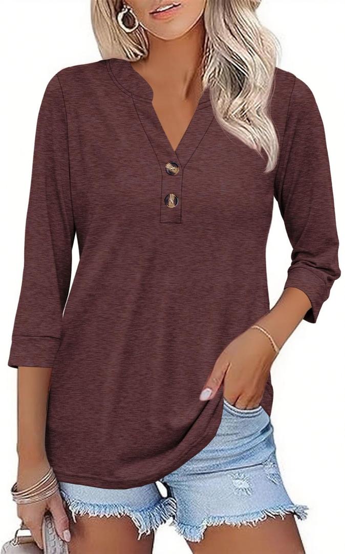 ZAAYOGARDEN Womens Tops Dressy Casual Button Down 3/4 Sleeve Summer Shirts Spring Going Out Outfit Tunic Top Burgundy (M)