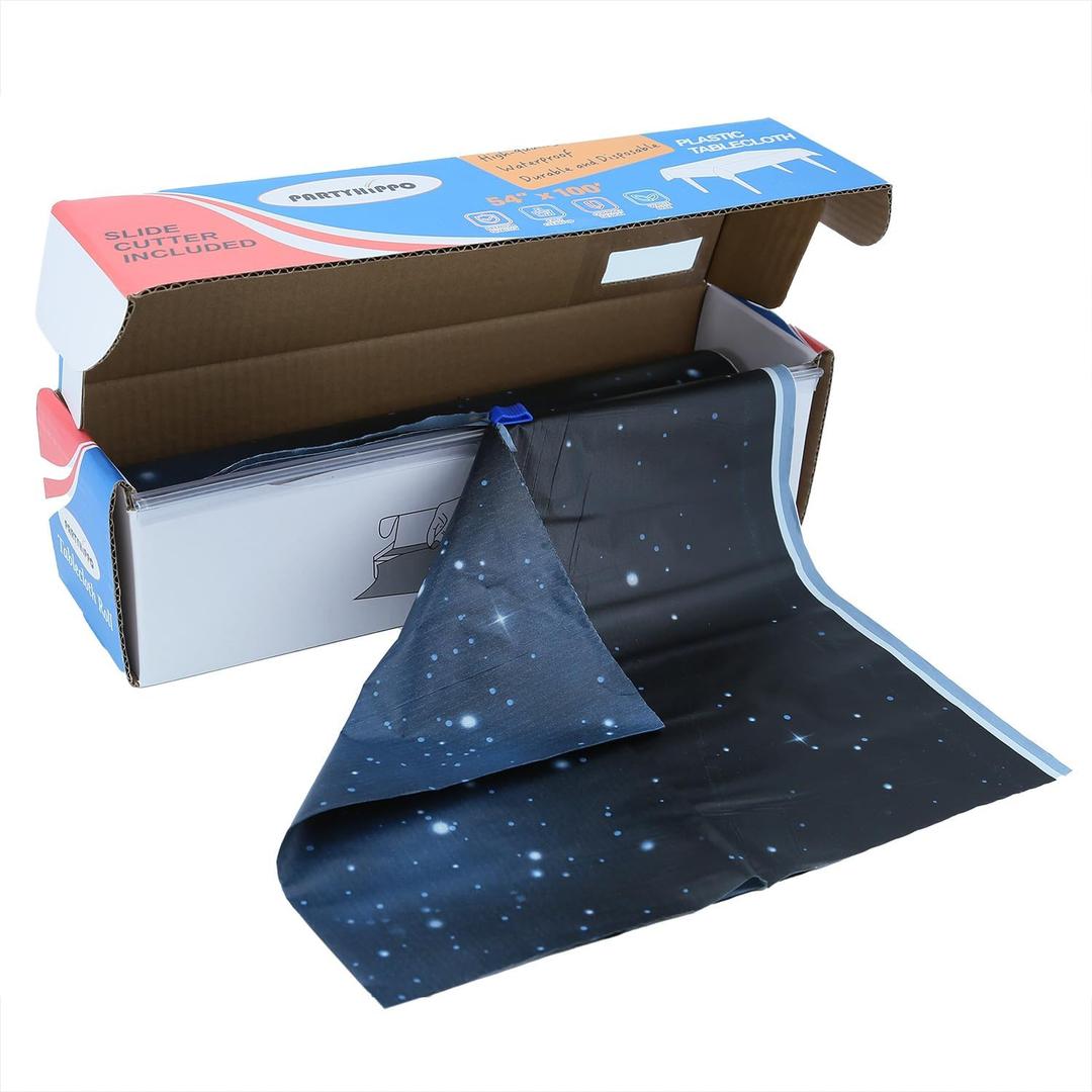 PARTYHIPPO Disposable Tablecloth Roll 54" x 100' with Built-in Cutter Box  Heavy Duty Waterproof, Wrinkle-Resistant Plastic Table Cover  Cut to Size for Rectangle, Round & Oval Tables  Starry Sky