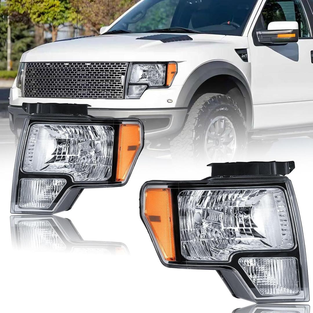Headlights for 2009-2014 Ford F150 Pickup F-150 2010 2011 2012 2013 Amber Reflector Chrome Housing