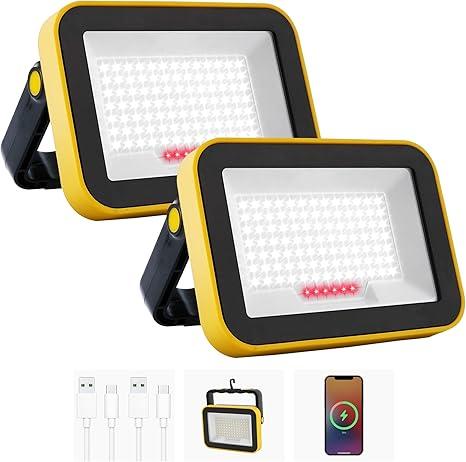 LED Work Light, Rechargeable Floodlights, Portable Spotlight, 5 Modes Workshop Lamp with 180° Rotation Camping Lamp for Construction Site, Garage, Workshop (2 Packs) [Energy Class A+]