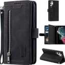UEEBAI Wallet Case for Samsung Galaxy S23 Ultra, 9 Card Holder Slots Zipper Pocket Handbag Case Magnetic Closure Kickstand with Wrist Strap TPU Shockproof Flip Case - Black